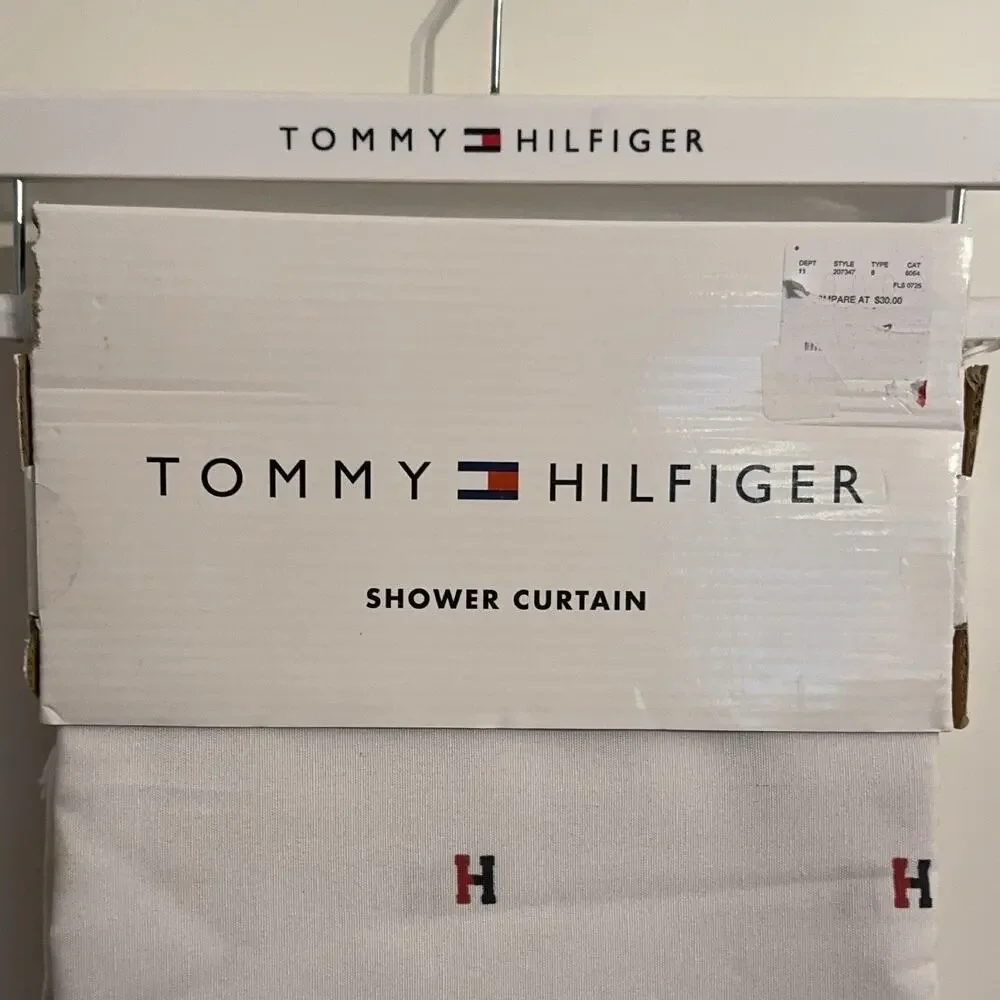 Tommy Hilfiger H Logo Shower Curtain White Red Black Accents preppy old money